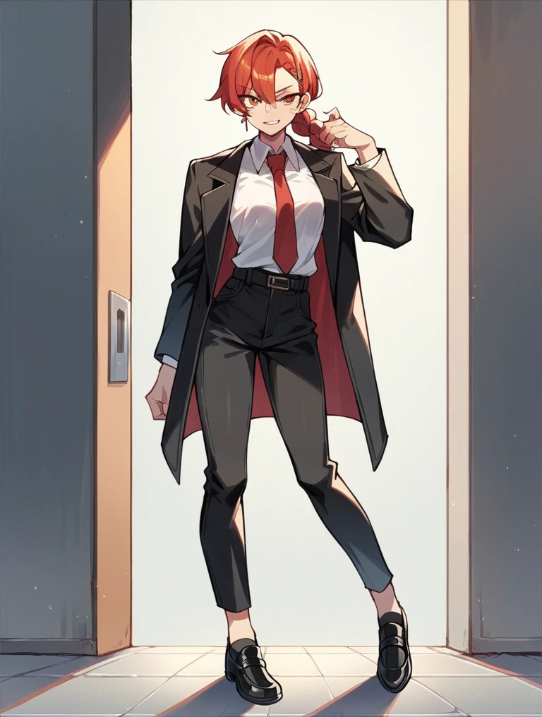 A woman wears a black suit, red tie, black long pants, leather shoes and black socks