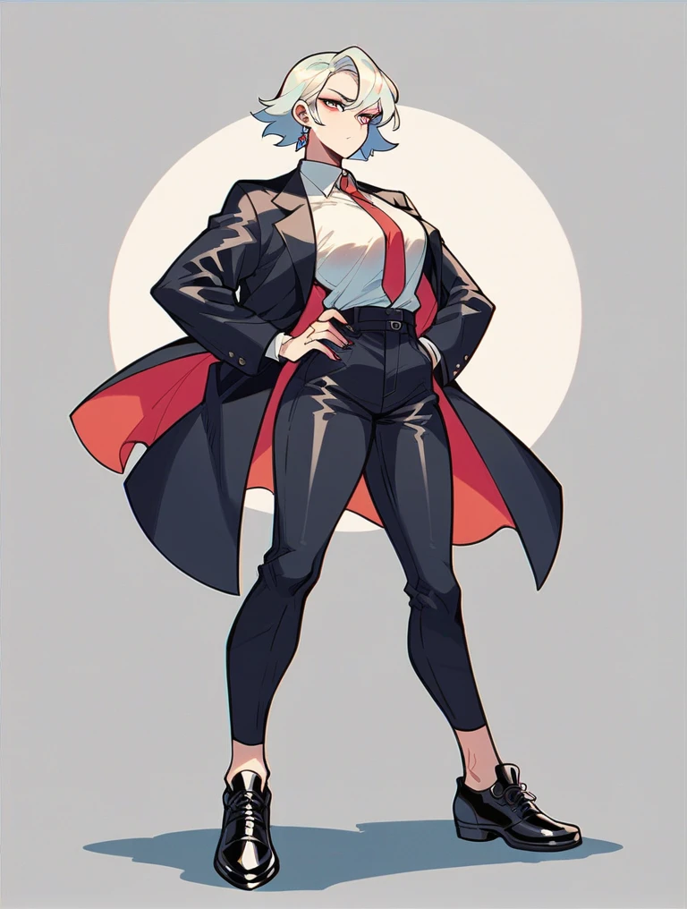 A woman wears a black suit, red tie, black long pants, leather shoes and black socks