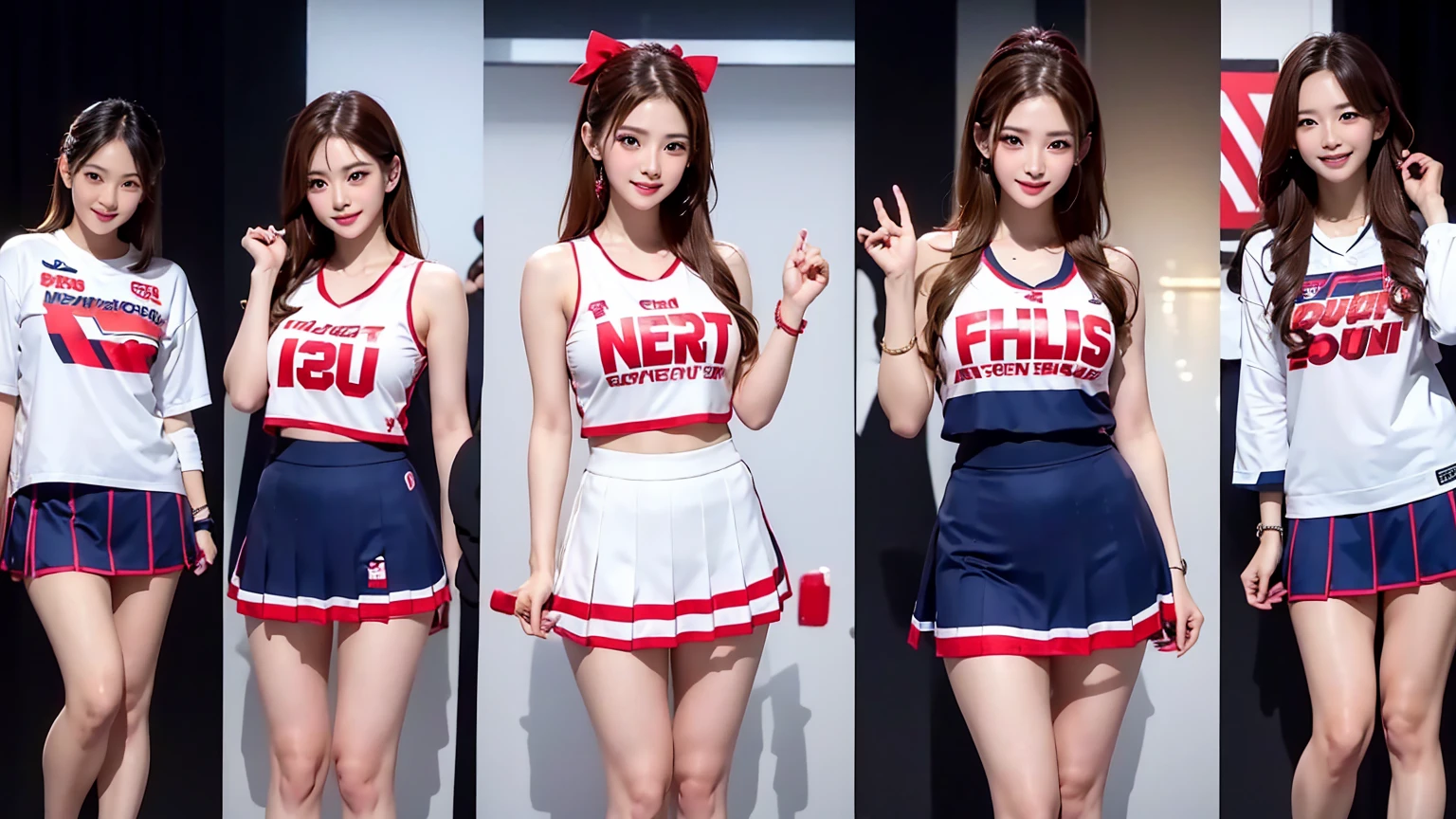((最high quality, 8K, masterpiece: 1.3, Ultra HD, high quality, 最high quality, High resolution, realism)) 、A very beautiful 22 year old Japanese woman、Idium Hair、Straight hair、smile、Slim but well-proportioned body、Athlete-like figure、I want to keep my head out of the screen.、Wear accessories on your wrist、Put an anklet on your ankle、Wearing red nail polish、Having a pedicure、Being a cheerleader, They dance the cheer dance、mini skirt