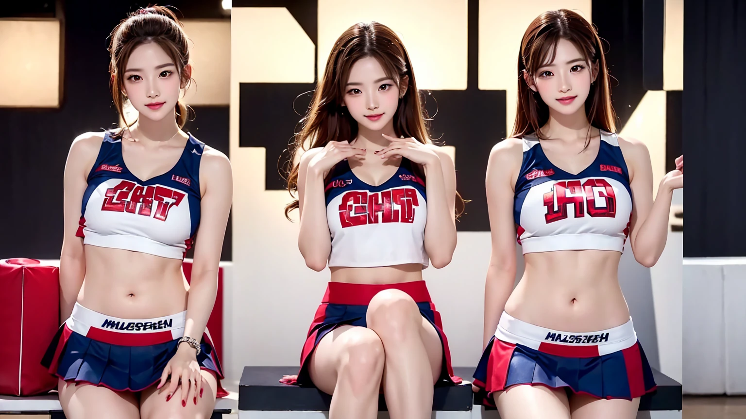 ((最high quality, 8K, masterpiece: 1.3, Ultra HD, high quality, 最high quality, High resolution, realism)) 、A very beautiful 22 year old Japanese woman、Idium Hair、Straight hair、smile、Slim but well-proportioned body、Athlete-like figure、I want to keep my head out of the screen.、Wear accessories on your wrist、Put an anklet on your ankle、Wearing red nail polish、Having a pedicure、Being a cheerleader, They dance the cheer dance、mini skirt