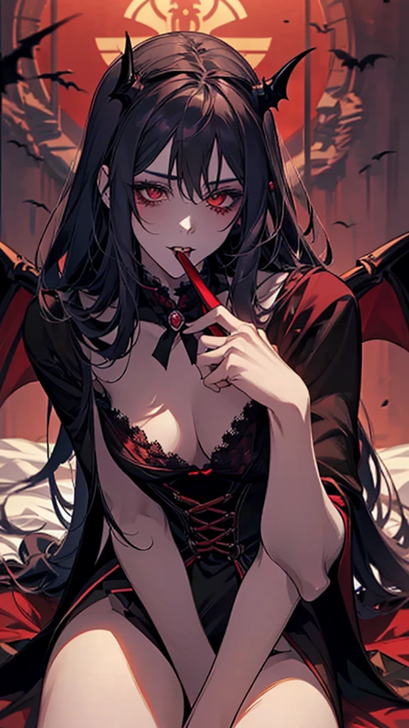 Close-up of a person sitting on a bed holding a bat, beautiful Vampire Queen, A beautiful and elegant demon queen, beautiful Succubus, Gothic Maiden Anime Girl, Beautiful Vampire Queen, Succubus | Medieval, Vampire Queen, Vampire Girl, Devil Anime Girl, queen of darkness, Gwaiz, Succubus, Dark Vampire, Princess of Darkness