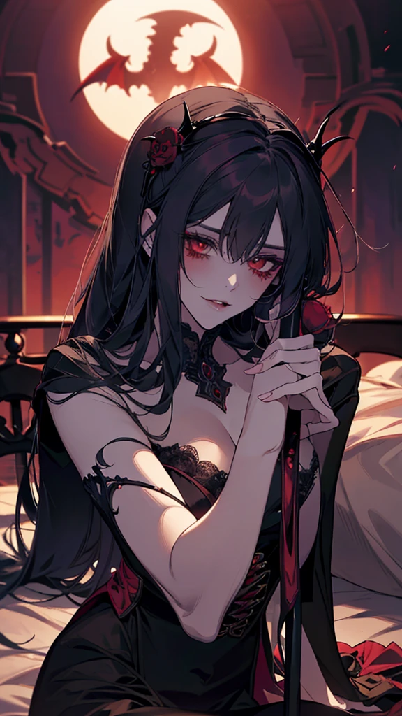 Close-up of a person sitting on a bed holding a bat, beautiful Vampire Queen, A beautiful and elegant demon queen, beautiful Succubus, Gothic Maiden Anime Girl, Beautiful Vampire Queen, Succubus | Medieval, Vampire Queen, Vampire Girl, Devil Anime Girl, queen of darkness, Gwaiz, Succubus, Dark Vampire, Princess of Darkness