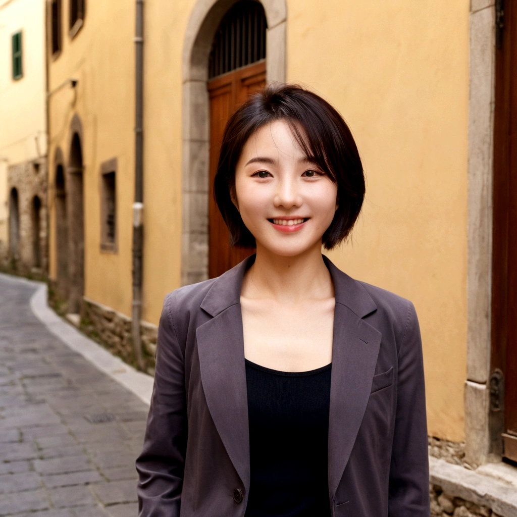 8K, 36-year-old female from South Korea, beautiful and pretty. short medium hair, travel to narrow alleys in florence, italy, Vivid picture quality, Full body shot using canon eos 90d dslr camera with 18-135mm lens , Detailed skin texture , detailed face , smile. low exposure angle : high dynamic range (HDR) launch