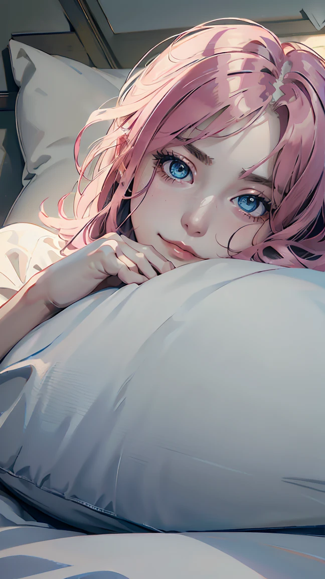 nikon RAW photo, 8 k'', Fujifilm XT3, Masterpiece, Shirt pink quality, Realistic, Photorealistic, (Lying in bed), (sheets), (lie on pillows), (pervert smirk: 1.1), Best quality, (Detailed facial features), (eyeslashes: 1.1), (Depth of field: 1.1), (color difference: 1.1), (Caustics: 1.1) Goddess, full body, 