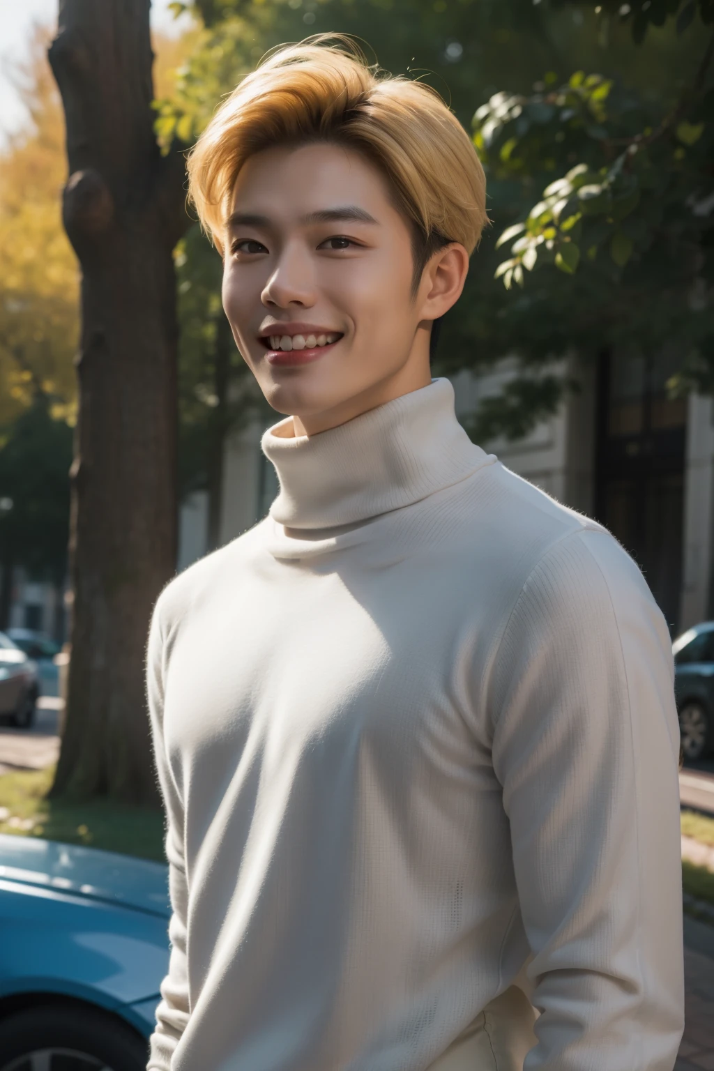 (lifelike, high quality: 1.3) handsome asian man, tall, turtleneck, skinny jeans, photography, dutch angle, outdoor, hair styled upwards, blonde dyed hair, smiling with perfect teeth