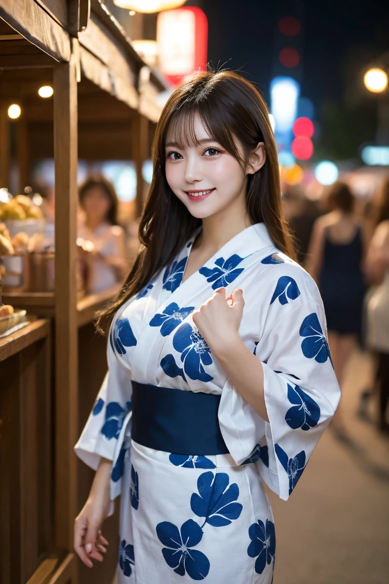 Summer festival stalls night stalls , Highest quality, shape, Very detailed, In detail, High resolution, 8k wallpaper, Perfect dynamic composition, Beautiful details,  Natural Lip, Cute yukata, Big Breasts, She is smiling in a cute pose.., A masterpiece of the whole body, Full Body Shot
