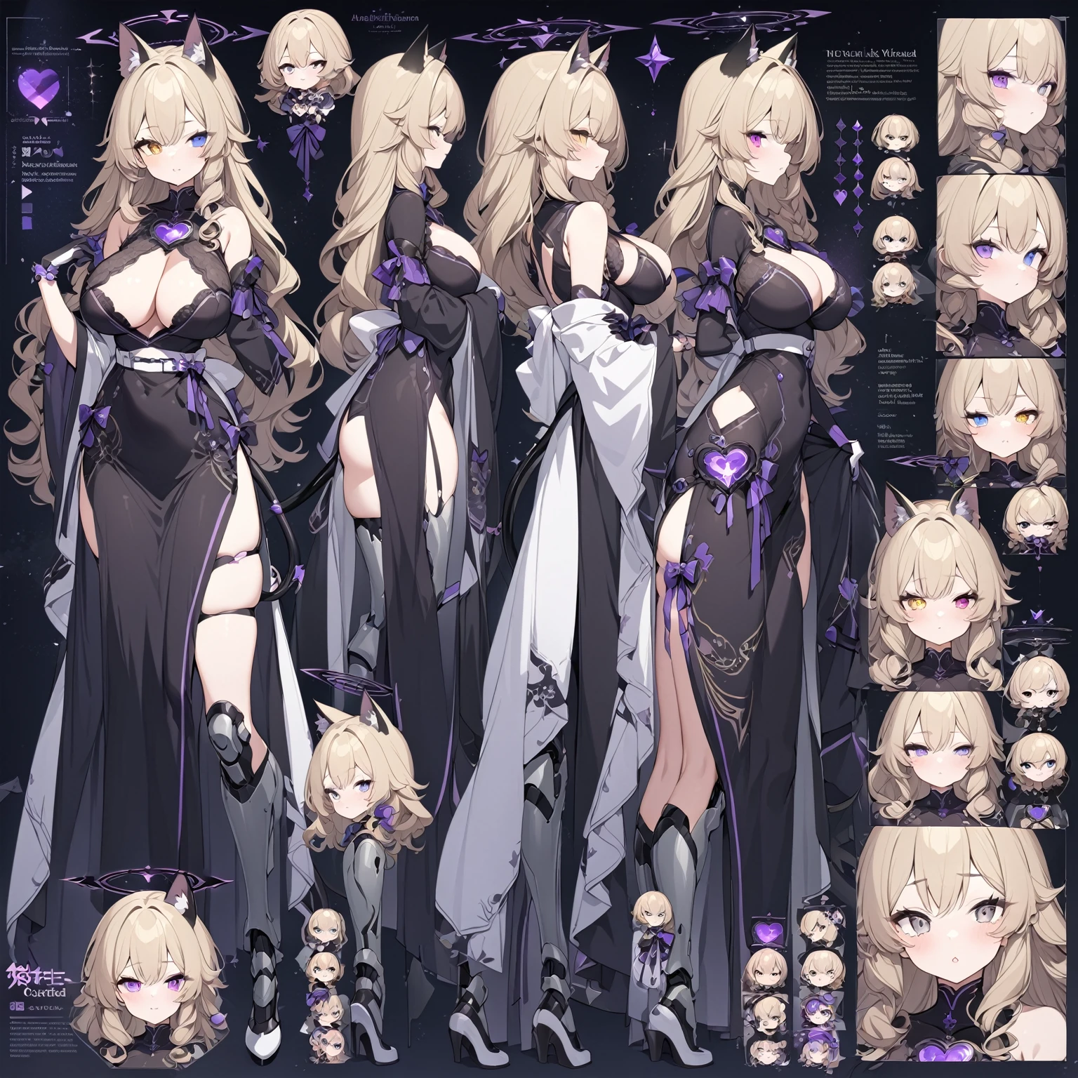 1 girl , long dark blonde hair, slim build, wavy hair with hip length curls, has a short central tuft, small face, heterochromia of one gray eye and one light violet eye, star ribbon on the right and left side of the hair. She has a short braid on the left and right side of her head...... extremely detailed face, Beautiful detailed eyes, beautiful detailed lips. woman 180 cm tall, adorable, extremely detailed legs, (Best Quality, 4k, 8k, high resolution, Masterpiece: 1.2), ultra detailed, Exquisite and epic character art... ((character design sheet: front view, back view, side view, three quarter view)), Black platform heels, Elegant One Piece Long Dress with Ruffles and Wide Sleeves. gloves. light gray belt with a large ribbon with violet heart buckle, black necklace with heart emblem on the neck. He has black serval ears with gray and purple on the top of his head.... star-tipped succubus tail.. (wide hip). Black halo with purple star patterns shining above his head... (large breast size). Thigh High Mechanical Legs in Black and Purple, (16 year old woman). Blonde eyebrows and eyelashes..