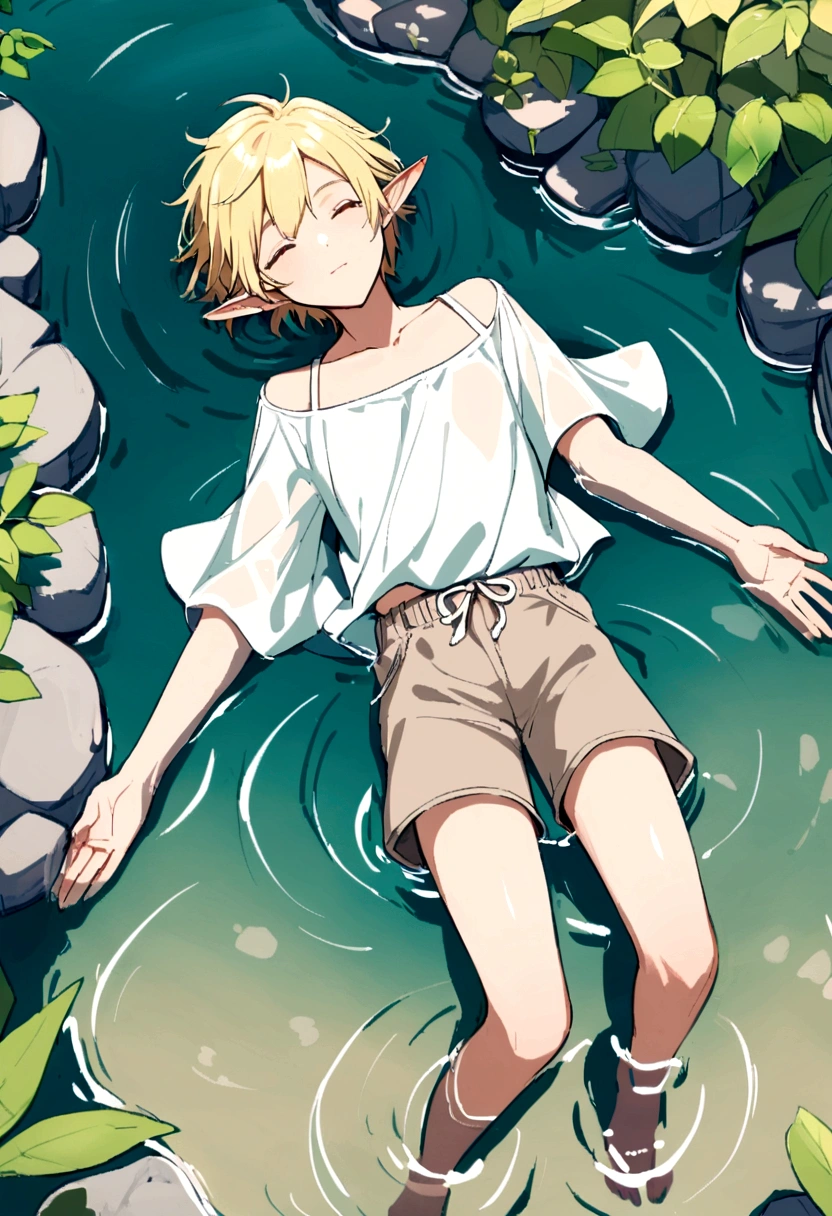 An elven man floating in water wearing only a simple white shirt and simple beige shorts,blonde elf man,Short Hair,Beautiful Water,Floating,relax,juvenile,youth,Pond surrounded by cobblestones