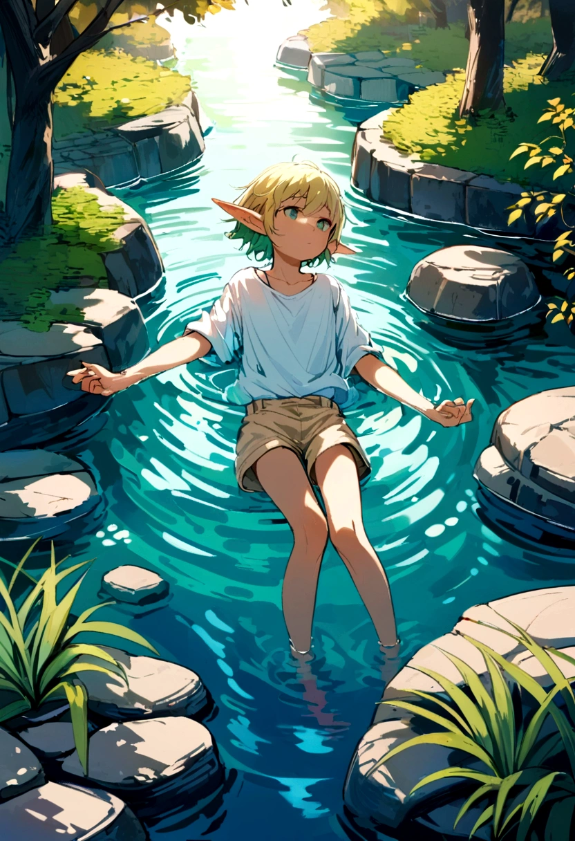 An elven man floating in water wearing only a simple white shirt and simple beige shorts,blonde elf man,Short Hair,Beautiful Water,Floating,relax,juvenile,youth,Pond surrounded by cobblestones