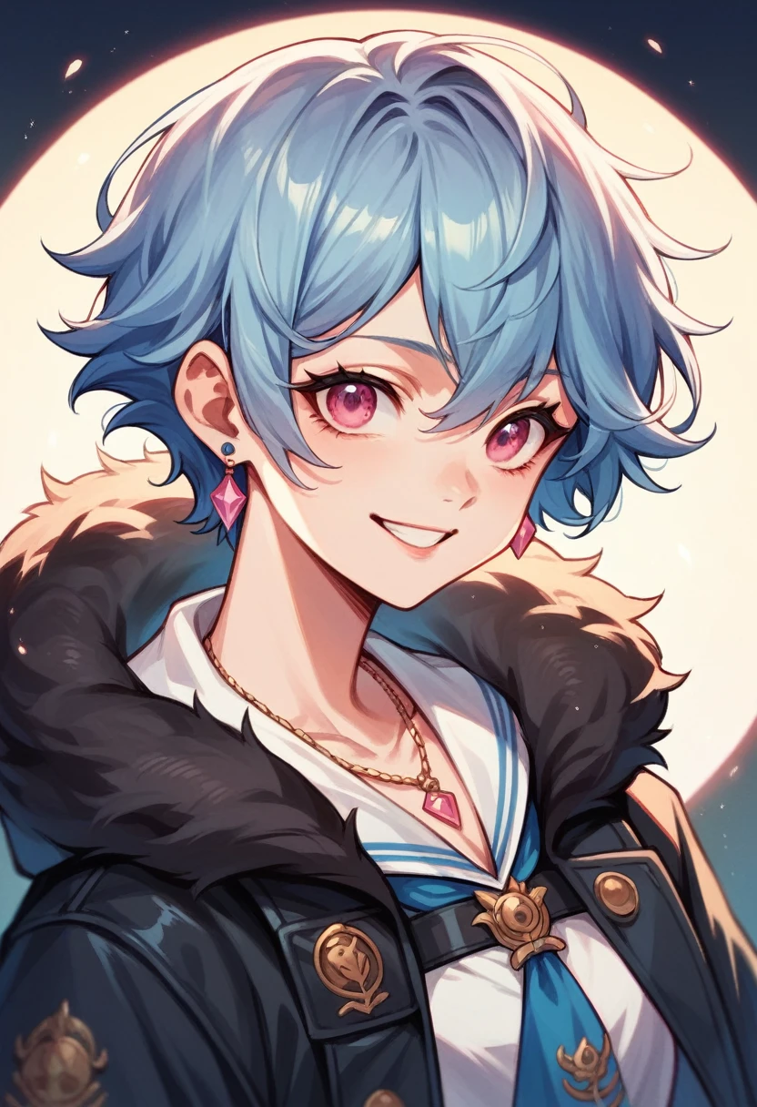 Light blue hair Pink Eyes short hair have student headphone Nice Blue Earrings necklace gloves beauty thin Sailor suit Wearing a black coat Fantasy smile Coastal sunset Fluffy hair