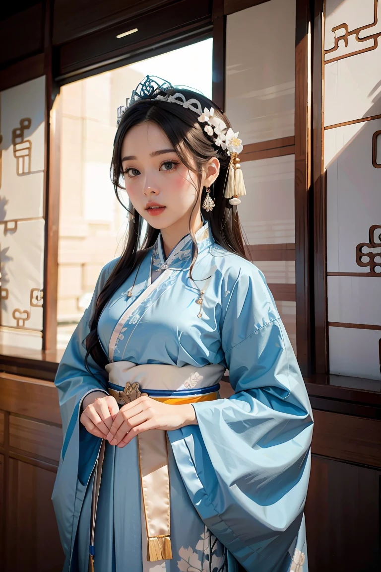 A woman in a blue and white dress with flowers in her hair, hanfu, palace, girl in hanfu, blue hanfu, white hanfu, wearing ancient Chinese costume, ((beautiful fantasy queen)), ancient Chinese princess, Chinese style, traditional Chinese clothing, ancient Chinese clothing, beautiful fantasy queen, Chinese princess, traditional beauty,