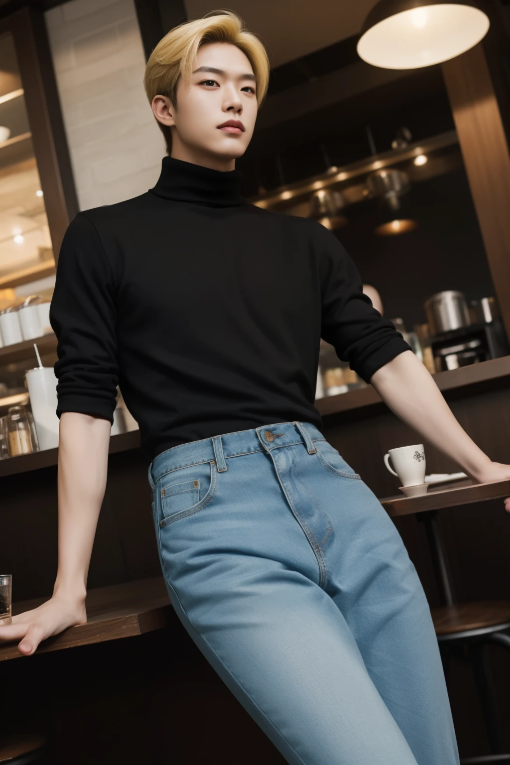 (lifelike, high quality: 1.3) handsome asian man, tall, turtleneck, skinny jeans, photography, dutch angle, outdoor, hair styled upwards, blonde dyed hair, at a cafe
 