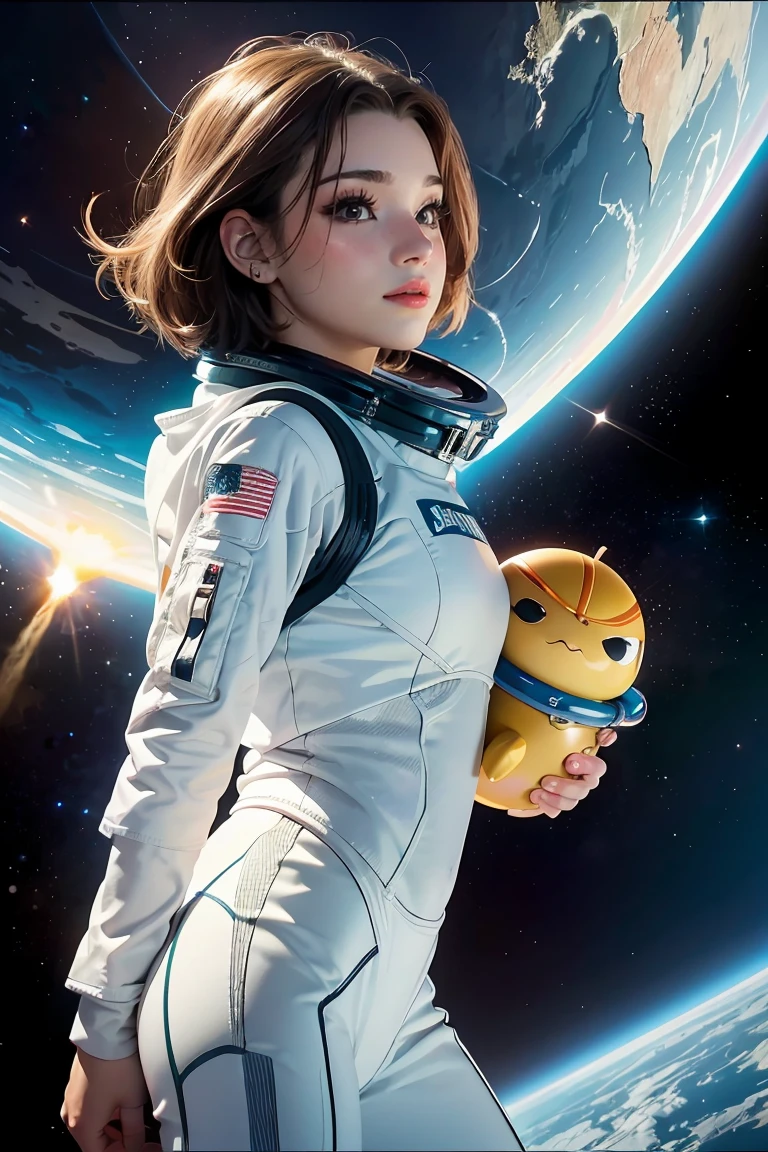 Cartoon illustration of a boy and a girl in space with cat, official fan art, in space, kitten in outer space, in outer space, in deep space, in galaxies, deep space exploration!!!, space travel, wearing in stars and planets, outer space, outer space, starry sky in space, in space, official art, space, on a spaceship, colorful, cute, more detailed, light, more realistic, cartoon