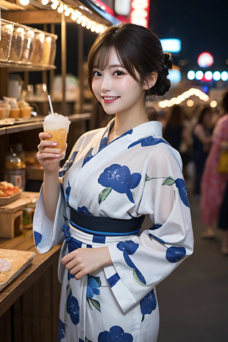Summer festival stalls night , Highest quality, shape, Very detailed, In detail, High resolution, 8k wallpaper, Perfect dynamic composition, Beautiful details,  Natural Lip, Cute yukata, Big Breasts, She is smiling and posing cutely with shaved ice.., A masterpiece of the whole body, Full Body Shot