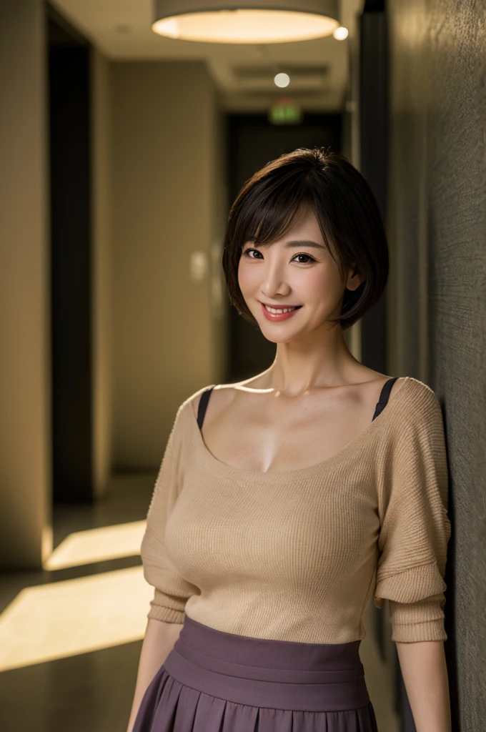 ((masterpiece))、((Highest quality))、photograph、reality、High resolution、Very detailed、Mature Woman、50 years old、Delicate facial features、short hair、Realistic background and accessories、Big ample breasts、Sexy smile、Office corridor、Leaning against a wall、Lightweight V-neck sweater、((Dark Room))、Fluorescent lamp、Wide-angle、Far away、whole body、Long legs、A loose long skirt、Heavy and sagging breasts、Soft Breasts、