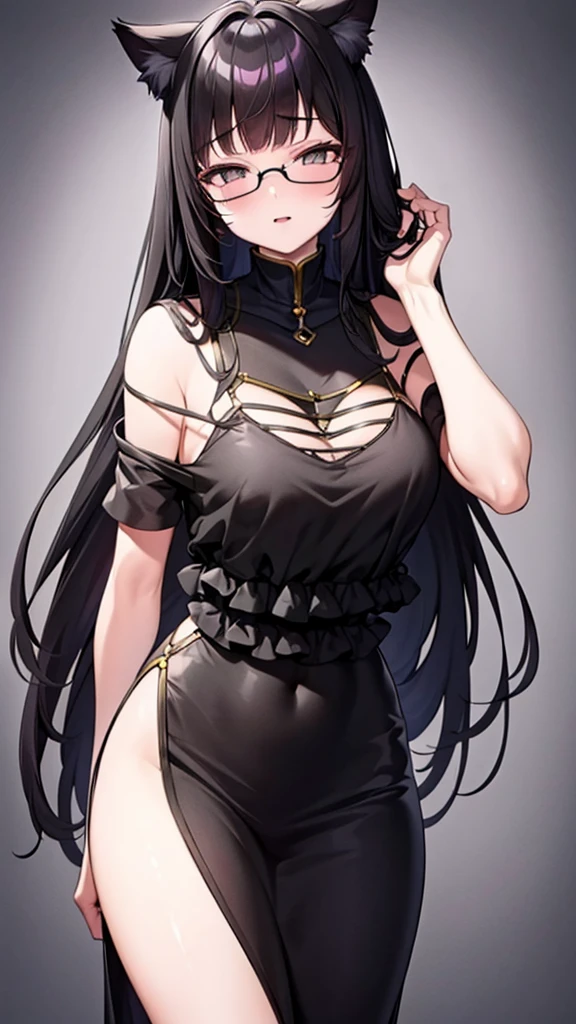 A 20-year-old cat girl with long black hair, gray eyes, bust, wears glasses, and a thigh-length black evening dress.