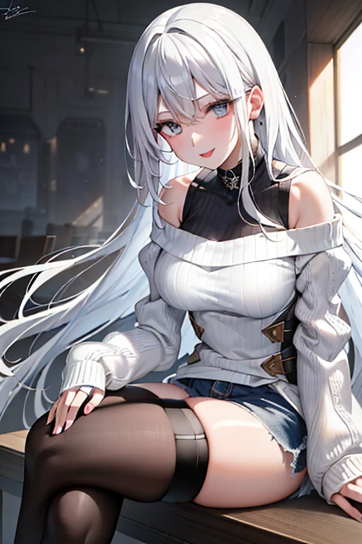 sit on chair，Absolute realm，‎Classroom，Sitting，Crossed legs，Ultra High Resolution, 16k, ((Masterpiece)), ((Best Quality))), ((Ultra Detailed)), (ultra high resolution), 1girl, looking at viewer, (lipstick:0.75), winter, vivid colors, Silver hair, Pale skin, Beautiful detailed face, Detailed eyes, posing on a white background, dynamic lighting, dynamic shadowing, looking at viewer, White stone punk fashion,(Posing for a photo),((White clothes)), (((black thigh highs))), jean shorts, skirt, white sweater, ((Blue eyes)), happy, smiling, black straps, black strap design, ((Long white hair)), energetic, cheerful, cityscape background, (((long black sleeves))), ((long black sleeves)), black sleeves, ((((pure white sweater))))