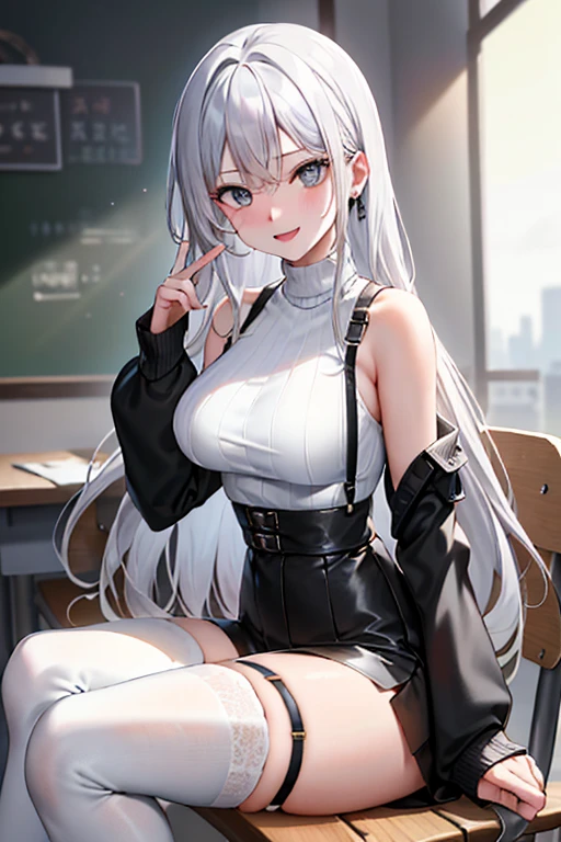 sit on chair,Absolute realm,Classroom,Sitting,Crossed legs,Ultra High Resolution, 16k, ((Masterpiece)), ((Best Quality))), ((Ultra Detailed)), (ultra high resolution), 1girl, looking at viewer, (lipstick:0.75), winter, vivid colors, Silver hair, Pale skin, Beautiful detailed face, Detailed eyes, posing on a white background, dynamic lighting, dynamic shadowing, looking at viewer, White stone punk fashion,(Posing for a photo),((White clothes)), (((black thigh highs))), jean shorts, skirt, white sweater, ((Blue eyes)), happy, smiling, black straps, black strap design, ((Long white hair)), energetic, cheerful, cityscape background, (((long black sleeves))), ((long black sleeves)), black sleeves, ((((pure white sweater))))