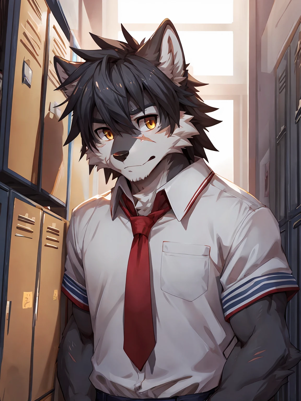 embedding:Gray wolf,Golden Eyes,Single Person,a scar on the face.Gray fur,High school students,male school uniform,Scratch head,Standing by the school locker,Nervous,Male.Thin,Handsome,Smart,Nervous,Best quality hands, best quality eye,detailed fur,Delicate eyes.Extreme picture quality,by sollyz,by zixiong,by null_ghost