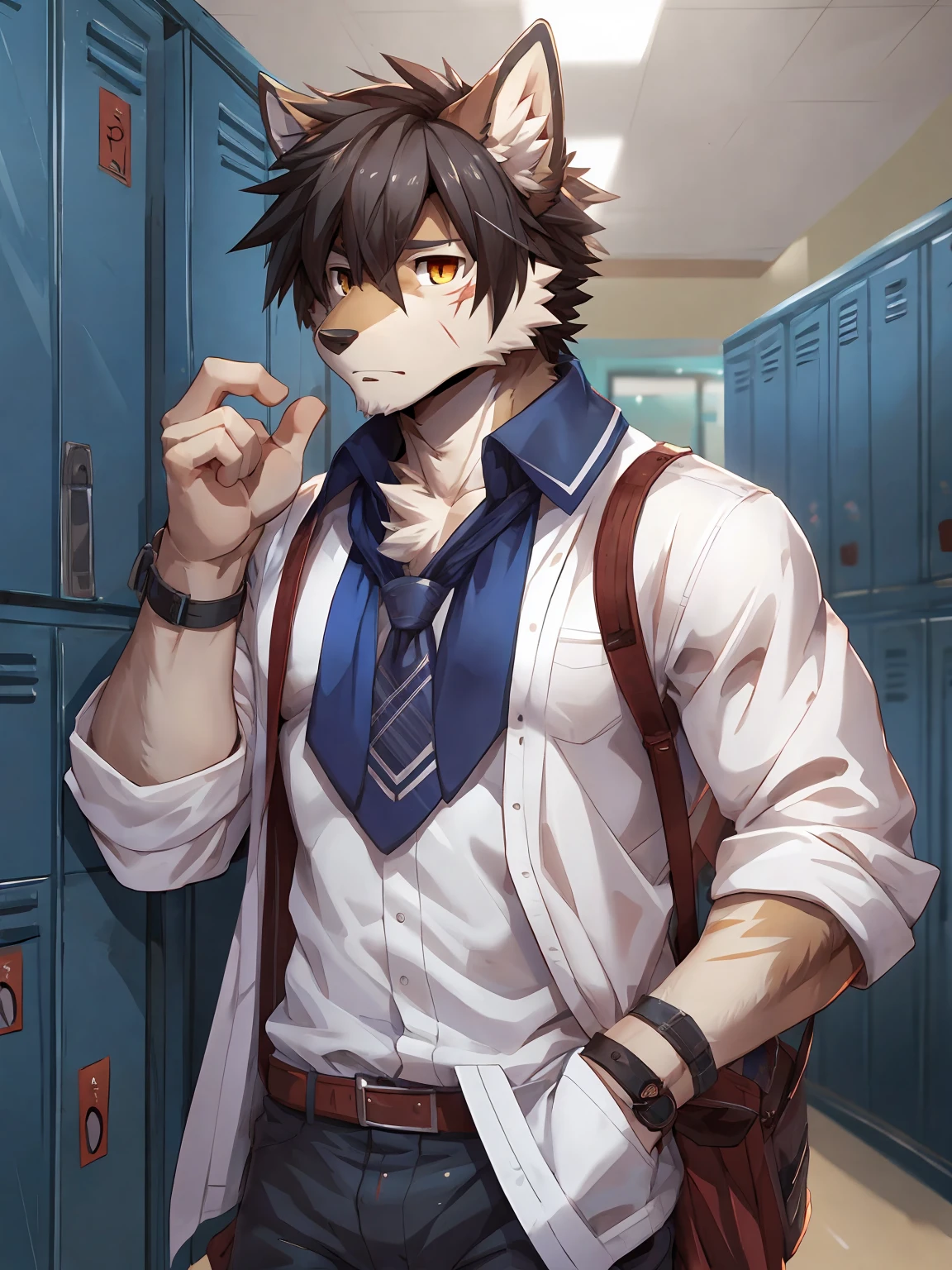embedding:Gray wolf,Golden Eyes,Single Person,a scar on the face.Gray fur,High school students,male school uniform,Scratch head,Standing by the school locker,Nervous,Male.Thin,Handsome,Smart,Nervous,Best quality hands, best quality eye,detailed fur,Delicate eyes.Extreme picture quality,by sollyz,by zixiong,by null_ghost