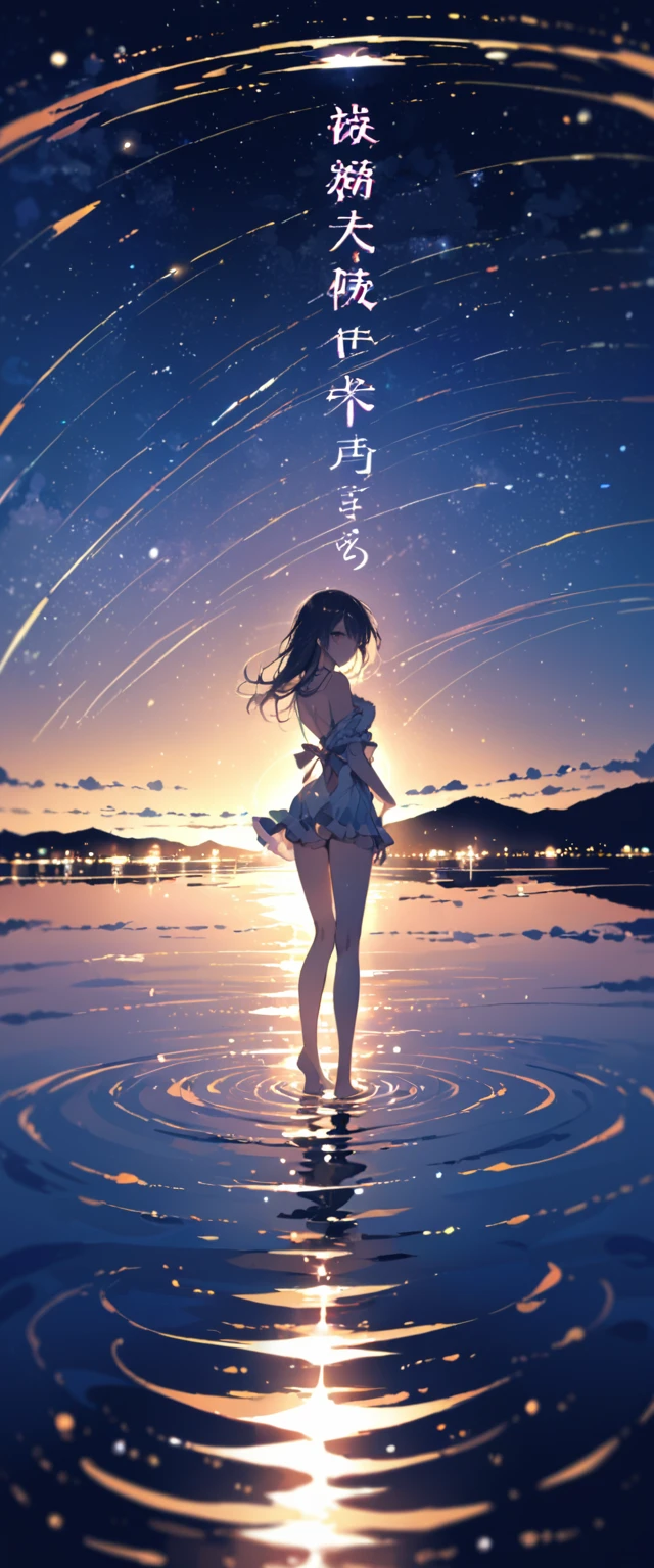 (close up:1.4)、(RAW photos:1.2)、(Reality:1.4)、(masterpiece:1.3)、(best quality:1.4)、Japanese Girls、(Night view:1.2)、Thin clothes、pretty girl、Put one foot in the sea、Stand on tiptoe、landscape、Between the horizon and the sea、Side View、Ripples spread from the toes、Stand about 20 meters away、on the sea、The whole scene is shining、illumination、