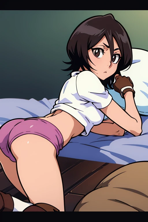 tennis girl's massive rear butt cheeks out of bottomless slutty mini sweater out bare and brown boots, showing her butt, lying down, on bed, wearing oven mittens under big pillow, blindfold

