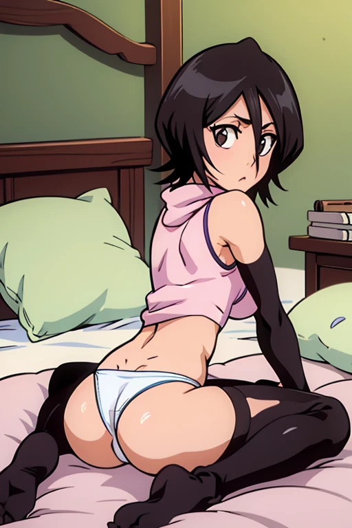 tennis girl's massive rear butt cheeks out of bottomless slutty mini sweater out bare and brown boots, showing her butt, lying down, on bed, wearing oven mittens under big pillow, blindfold