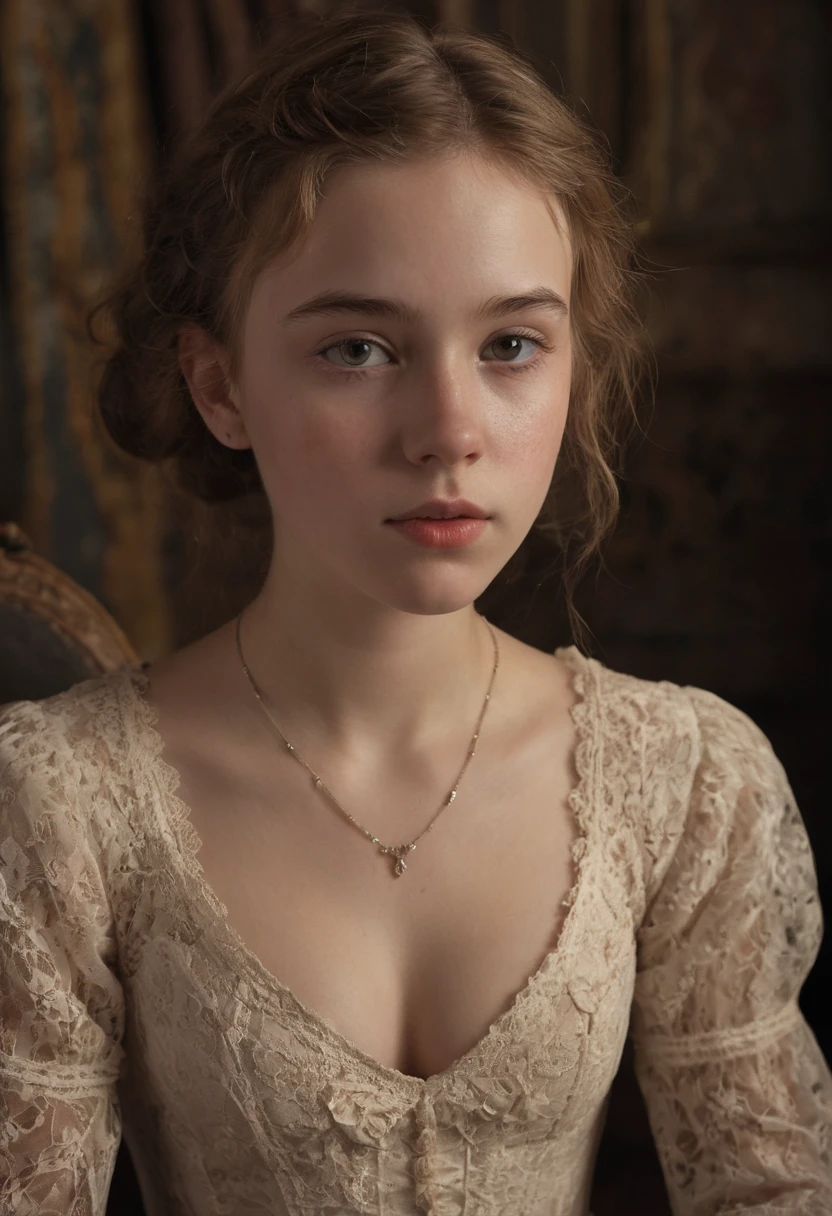 a sensual victorian era girl,beautiful face,detailed facial features,lace dress,low cut neckline,provocative pose,1girl,photorealistic,exquisite lighting,soft warm colors,dramatic chiaroscuro,masterpiece,ultra-detailed,cinematic, Tons sépia, esthétique du XIXe siècle, expression excité, col décolleté en dentelle, sitting,