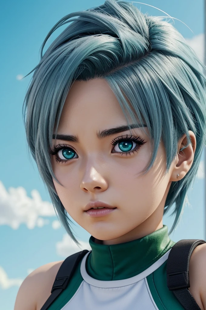 Please be a female character, anime style, Boku no hero academia, with gray hair, the left eye blue and the right green