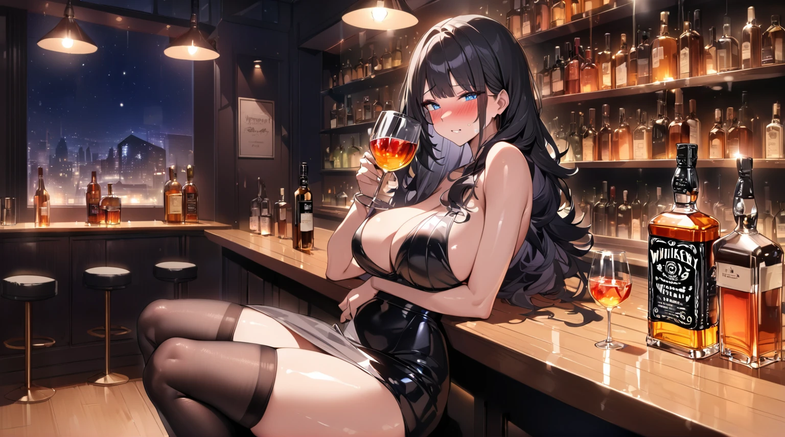 best quality, 4K, high resolution, masterpiece:1.2, Extremely detailed），Sad expression looking at the camera，Large Breasts,30 years old girl,独奏,black hair,long hair,blue eyes,(drunk,blush),sitting,drinking,((Mature sexy body))，Black stockings，Black tight skirt, Mature sexy body,holding mug,counter,pub,(Fashion bar) indoors, ((Cocktail Glass) Full of colorful wine), (dimly light room), Wine Bottle, Detailed background，Fluffy hair，((((Night scene background))))), (((at the bar))), wine, whiskey, High ball,(Shiny and glowing, Effect:1.2)