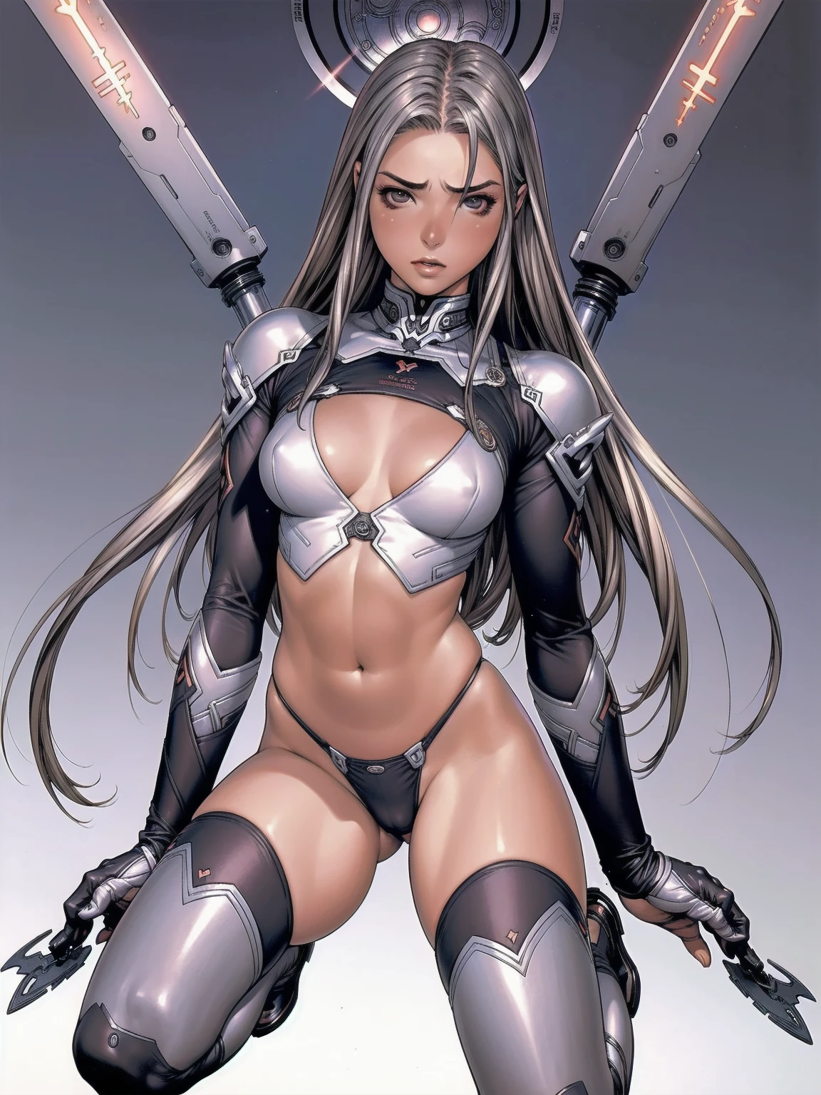 (((witchblade))), ((best qualityer)), (((clothes 100% silver))), (((slim))), (Muscles), (((silver suit))), ((Perfect masterpiece)), (detailded: 1.4), (absurdrez), (((long straight hair with modern cut))), (((full body fitness, neckline showing part of the breasts)), (((woman with long cropped hair, blushful))), 21 year old woman, beautiful sexy woman, giant robot pilot, wild with perfect corpo fitness, wearing small battle clothes, tiny thong, Simon Bisley styled for the cover of Heavy Metal magazine, clothing with Japanese graphic patterns, halftone pattern and vertical seams, Silver, exiting the body of a giant robot