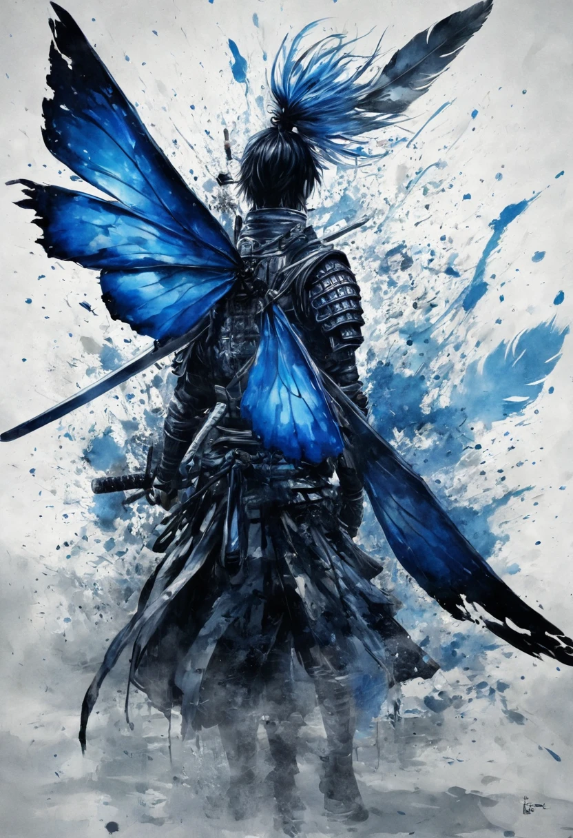 Ink Painting,Black and white painting,splash,Beautifully detailed glass hair,JUJUTSU KAİSEN,Itadori Yuuji,Samurai Armor,(Blue Butterfly々,Feather Powder),Back view,View your viewers,(aerial photograph:1.1),