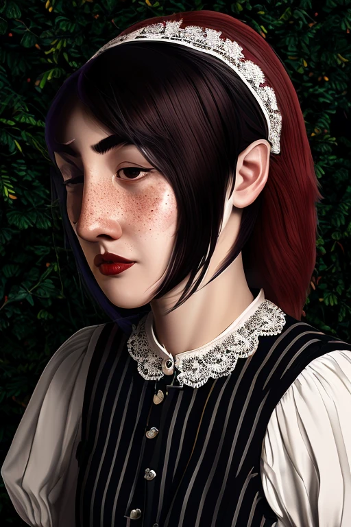 a woman with long flowing black hair, piercing eyes, a prominent unibrow, rosy cheeks, eating a juicy red apple, wearing a Victorian-style vest and lace collar, standing in a lush meadow with a unicorn, (best quality,4k,8k,highres,masterpiece:1.2),ultra-detailed,intricate details, striking colors, dramatic lighting, stallintheunicow, brushy, painterly girl eating apple in field of roses, red, black, white, long black hair, bangs, unibrow, thick eyebrows, freckles, big nose, aquiline nose, hairband, dress, stripes, big ears, girl, rosy cheeks, red lips,stallintheunicow aoife
korean kpop young man with red hair black eyebrows, asymmetrical hair, short hair, emo, victorian, striped jacket, gothic stallintheunicow, 1boy