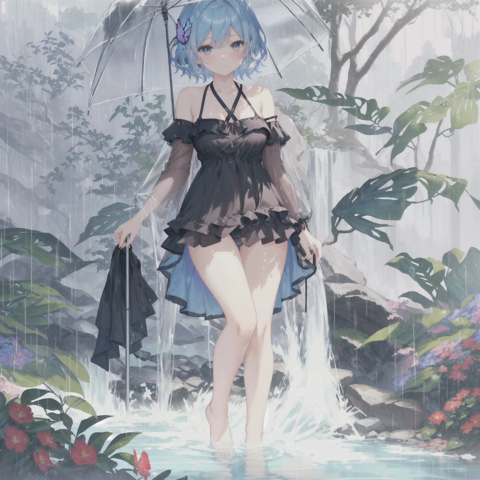 anime girl in a black dress standing in front of a waterfall, full body portrait of a short!, raining!, summer rain, raining!!, in the rain, anime girl walking on water, raining, rain!!!!, delicate rain, official fanart, zerochan art, under rain, made with anime painter studio, next to a waterfall, raining!!!, in dress, short dress, butterfly hair ornament, bikini under clothes, blue bikini, side-tie bikini, holding umbrella, serious looking at viewer, looking down, short hair, medium breasts, soaking feet, off shoulder, plants, red flower, nature ambient, day light, from bellow