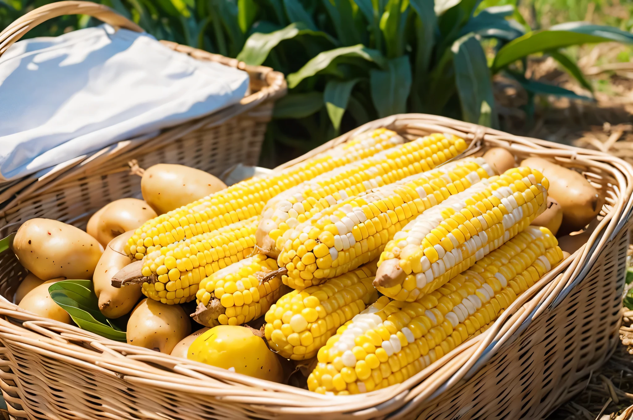 Harvested potatoes and corn