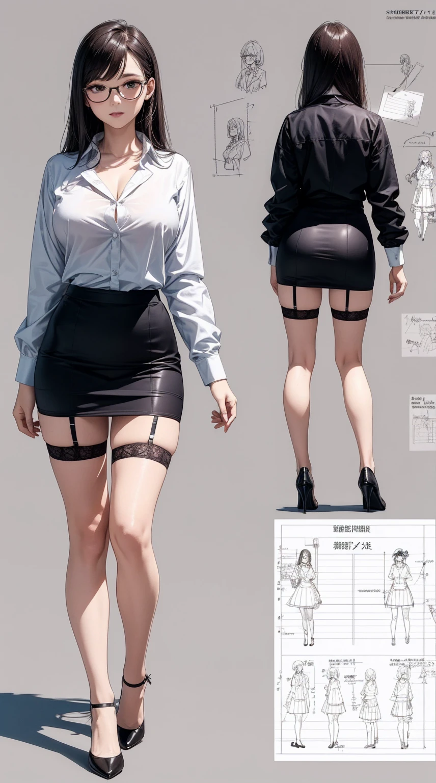 girl, alone, whole body, From head to toe, Are standing, (Huge_chest:1.3),

Character design sheet, Character Reference Sheet, 設計図のSchematic, Drafting, Blueprint, Schematic,
((Character design sheet:1.7, Character Reference Sheet:1.7,)),

anime/cartoon character wearing a girls , 1girl, alone, ,Mature Woman,chestの谷間,Long sleeve,Collared shirt,White shirt,,(Tight Skirt),((garter belt)),(High heels),Skirt Suit,mini skirt,office lady,Long Hair, bow, ,  (Very short skirt:1.4), (lingerie:1.5),secretary,Thin glasses