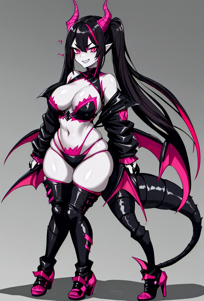 single female half dragon with grey skin, with black hair long twin tails style, with pink streaks, sharp teeth, black biker outfit, dragon tail and dragon horns, full body