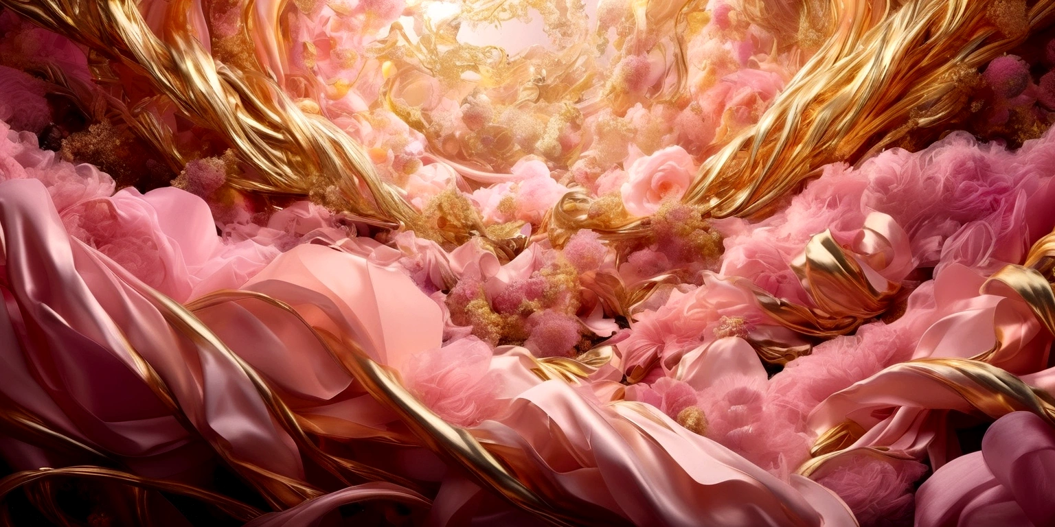 In the center of the picture, there is a cocoon wrapped in layers of golden and pink silk ribbons.;dream,mystery;Big scene;golden pink tone。