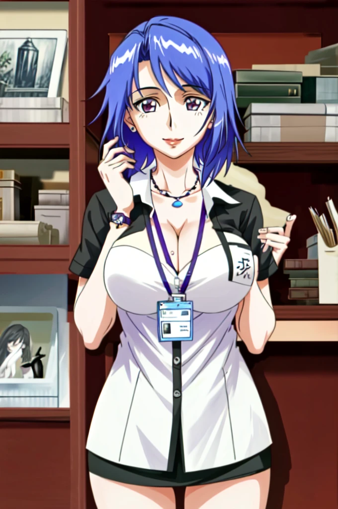 ((best quality)), ((highly detailed)), masterpiece, (detailed eyes, deep eyes), (1girl), cowboy shot, mai_katsuragi, short hair, purple eyes, white shirt, black miniskirt, necklace, jewelry, 1girl, bracelet, large breasts, black hair, miniskirt, long hair, cleavage, blurry, lips, large breasts, necklace, watch, depth of field, ring, standing, realistic, solo, blurry background, sweet smile, Office suit, in office, working, sexy, sensual,(id card lanyard/)