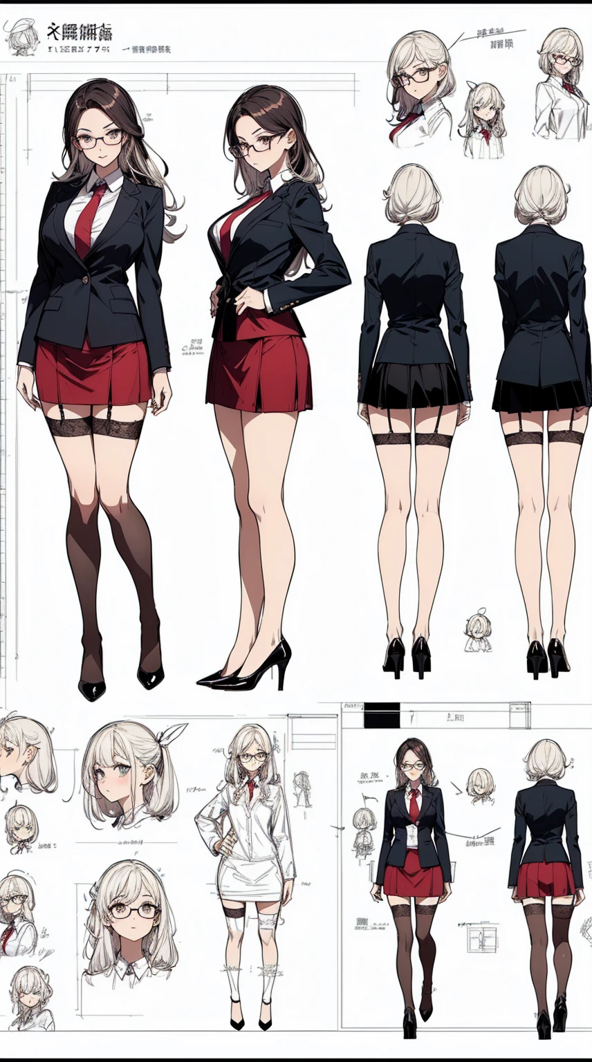 girl, alone, whole body, From head to toe, Are standing, (Huge_chest:1.3),

Character design sheet, Character Reference Sheet, 設計図のSchematic, Drafting, Blueprint, Schematic,
((Character design sheet:1.7, Character Reference Sheet:1.7,)),

anime/cartoon character wearing a girls , 1girl, alone, ,Mature Woman,chestの谷間,Long sleeve,Collared shirt,White shirt,,(Tight Skirt),((garter belt)),(High heels),Skirt Suit,mini skirt,office lady,Long Hair, bow, ,  (Very short skirt:1.4), (lingerie:1.5),secretary,Thin glasses