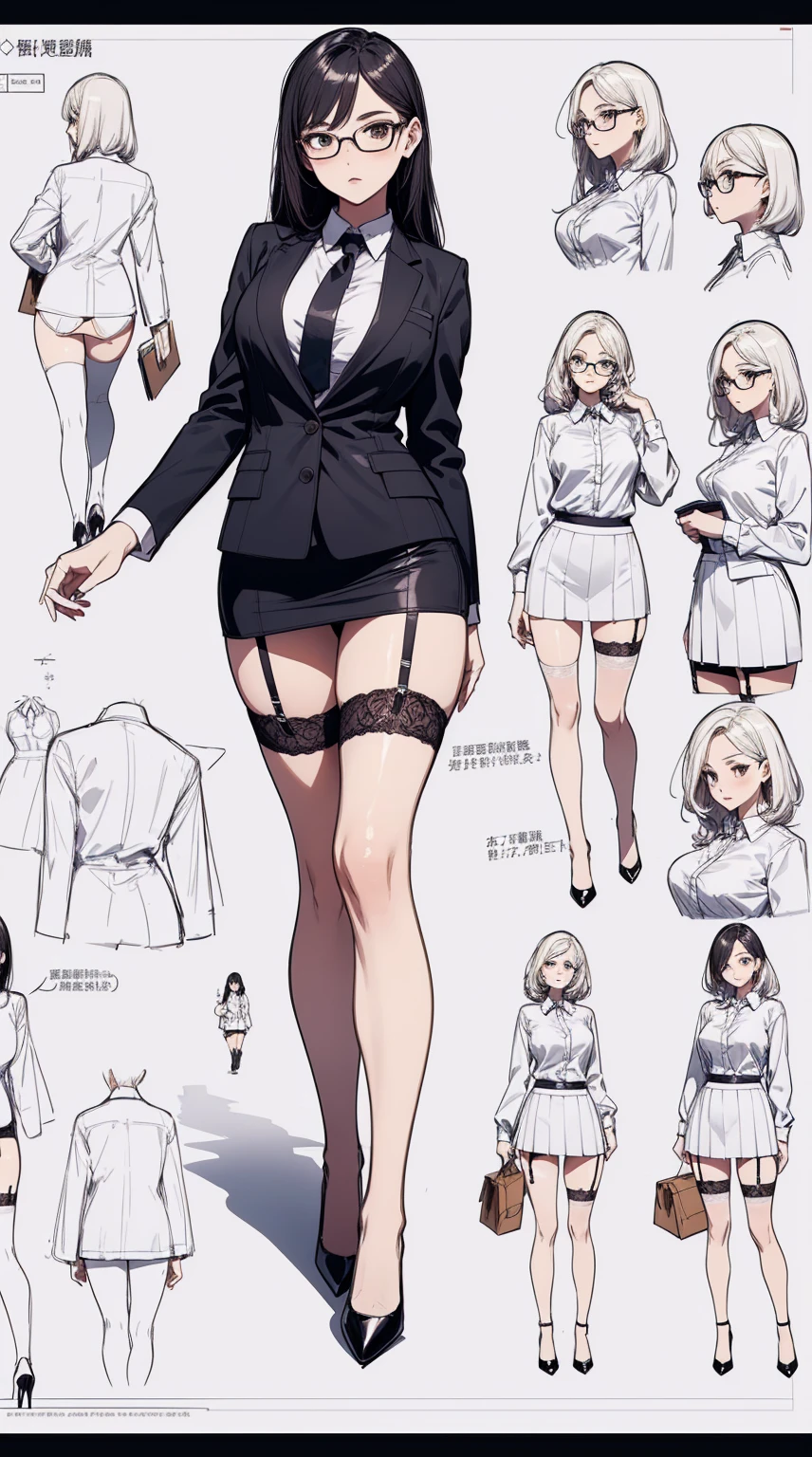 girl, alone, whole body, From head to toe, Are standing, (Huge_chest:1.3),

Character design sheet, Character Reference Sheet, 設計図のSchematic, Drafting, Blueprint, Schematic,
((Character design sheet:1.7, Character Reference Sheet:1.7,)),

anime/cartoon character wearing a girls , 1girl, alone, ,Mature Woman,chestの谷間,Long sleeve,Collared shirt,White shirt,,(Tight Skirt),((garter belt)),(High heels),Skirt Suit,mini skirt,office lady,Long Hair, bow, ,  (Very short skirt:1.4), (lingerie:1.5),secretary,Thin glasses