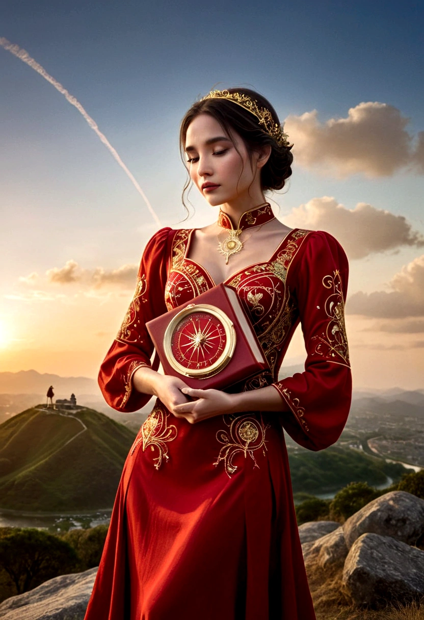 A woman in a love themed red dress with loads of intricate gold love embroidery, carrying a tome, on a hill top, two astrological sign light up brightly in the skies with the connective lines