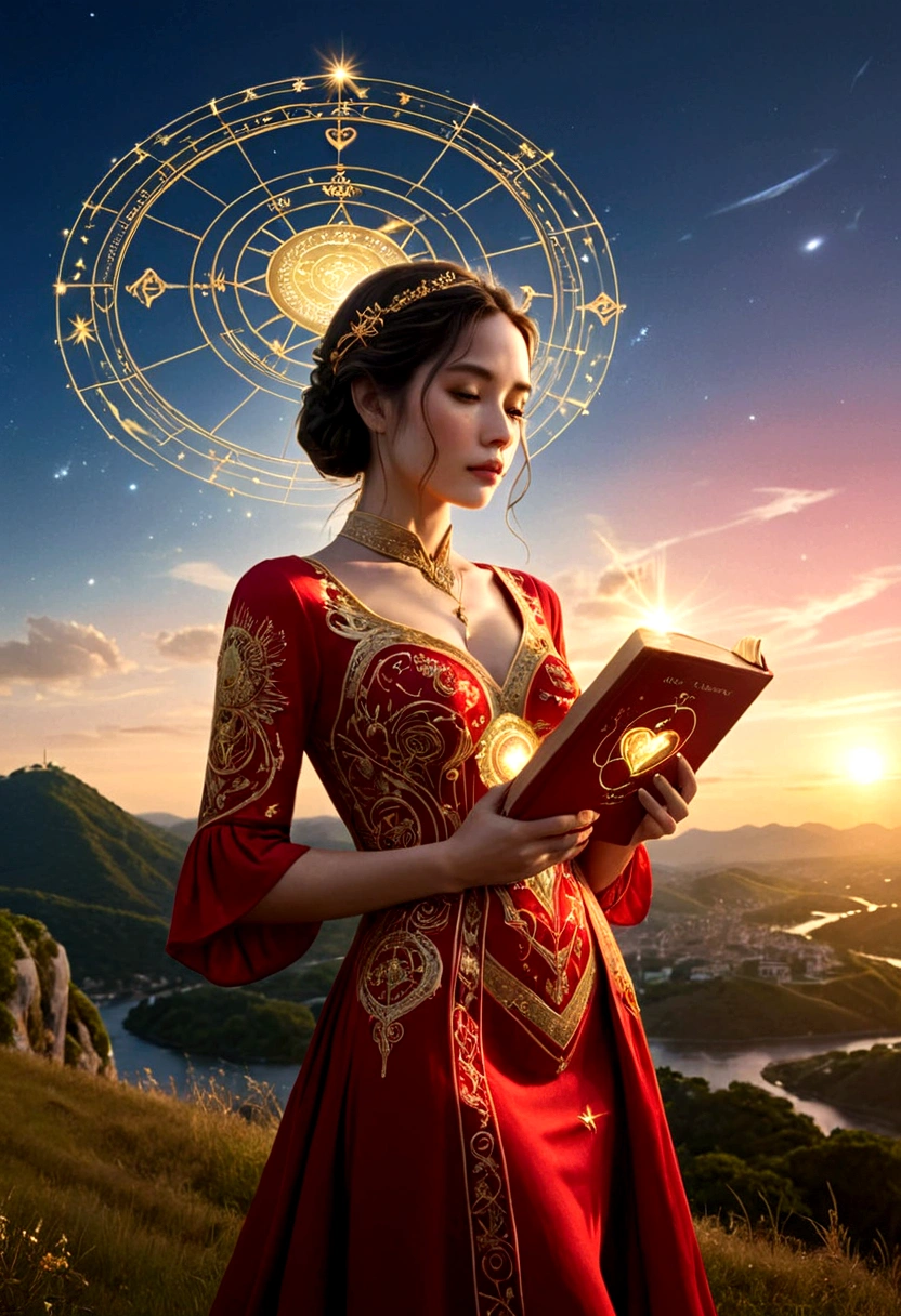 A woman in a love themed red dress with loads of intricate gold love embroidery, carrying a tome, on a hill top, two astrological sign light up brightly in the skies with the connective lines