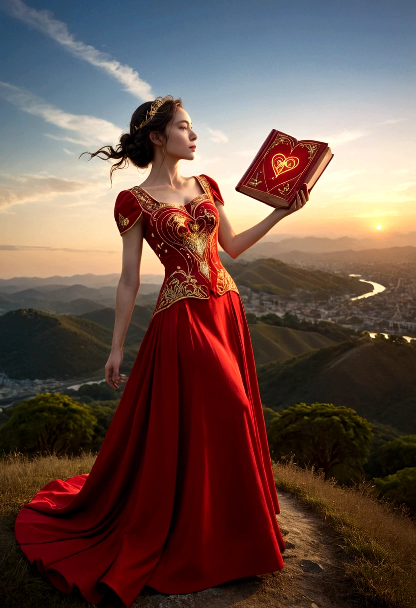 A woman in a love themed red dress with loads of intricate gold love embroidery, carrying a tome, on a hill top, two astrological sign light up brightly in the skies with the connective lines