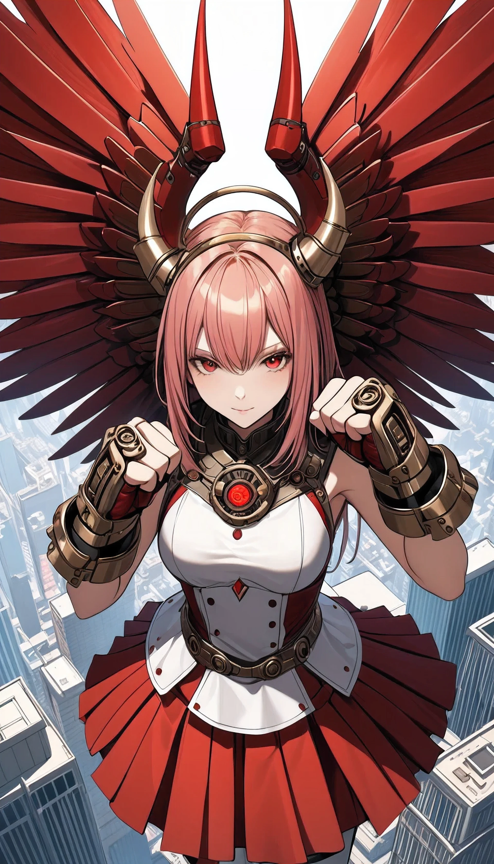 Unicorn Horn,Metal spiral tip,style of santiago caruso,
huge Mechanical angel wings,Mechanical_Halo,1 girl,Mechanical wrist,Mechanical skirt with pleated skirt,(huge makeover Mechanical fists:1.5),Fist flashing red,wide angle,from above,