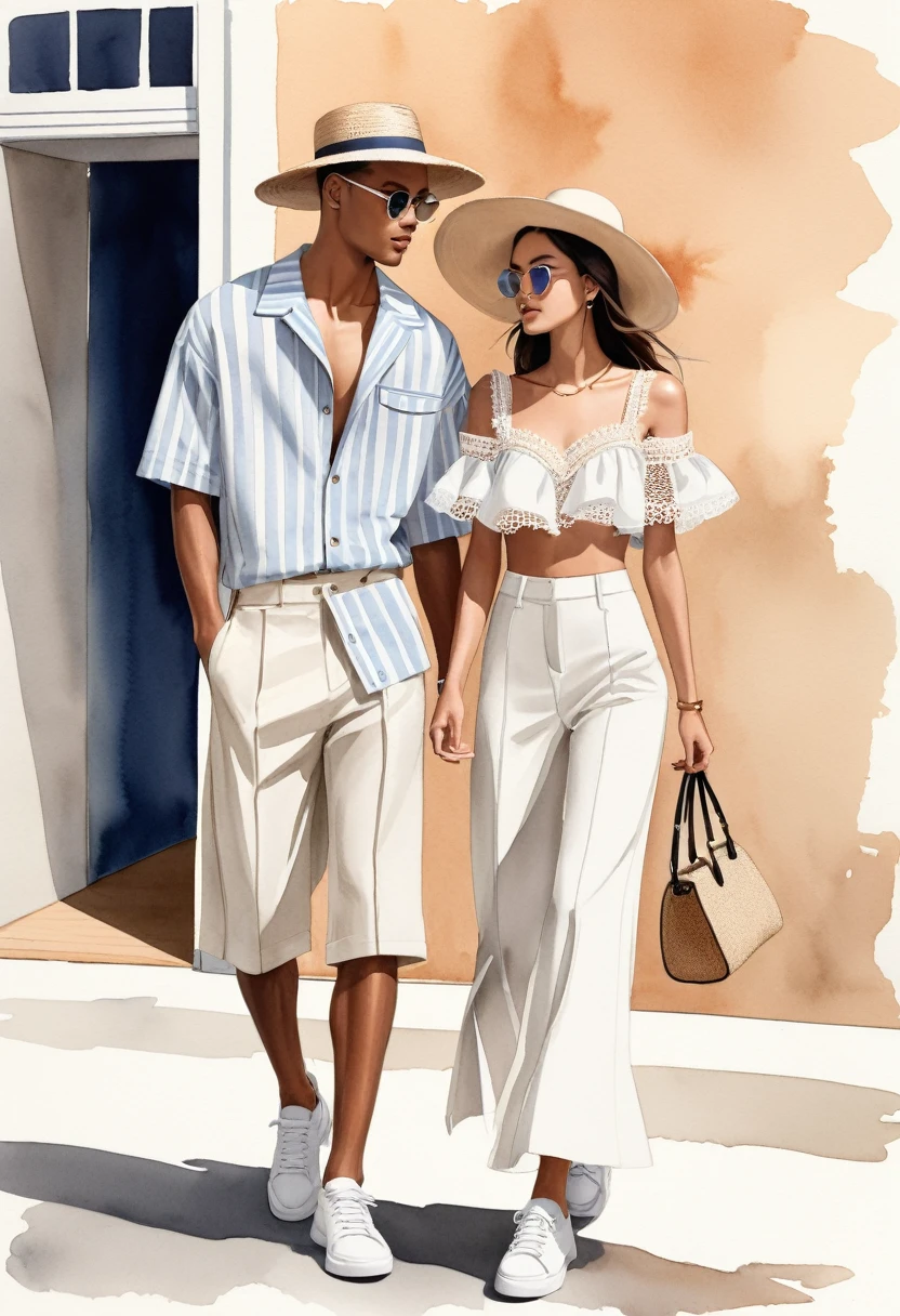 candid fashion illustration of young Mixed race man and woman, both aged 25 year old, ((showcase fashion look book in mixed pale Earth-tone outfits)), inspired by Jacquemus's resort collection 2022, in elegant young chic nautica style. The man wears an oversized short-sleeved stripe shirt lace details, paired with relaxed-fit white Wide Leg short pants, comfortable and a classic silhouette. He completes his look with white sneakers and round glasses. The woman complements him in a white mini sun-dress, in cotton woven fabric frill-trimmed neckline with minimal lace detail, Her ensemble includes an accessorizes with a brimmed straw hat, white sneakers, Captured in a dynamic angle, ((full-body image)), ((imperfect pale water color background)), sketching, realistic drawing, imperfect water color drawing, fashion look book, fashion illustrator, sketch design, Chic Boho, water color palette, wooden, BACKSTAGE text sign at the paper corner,