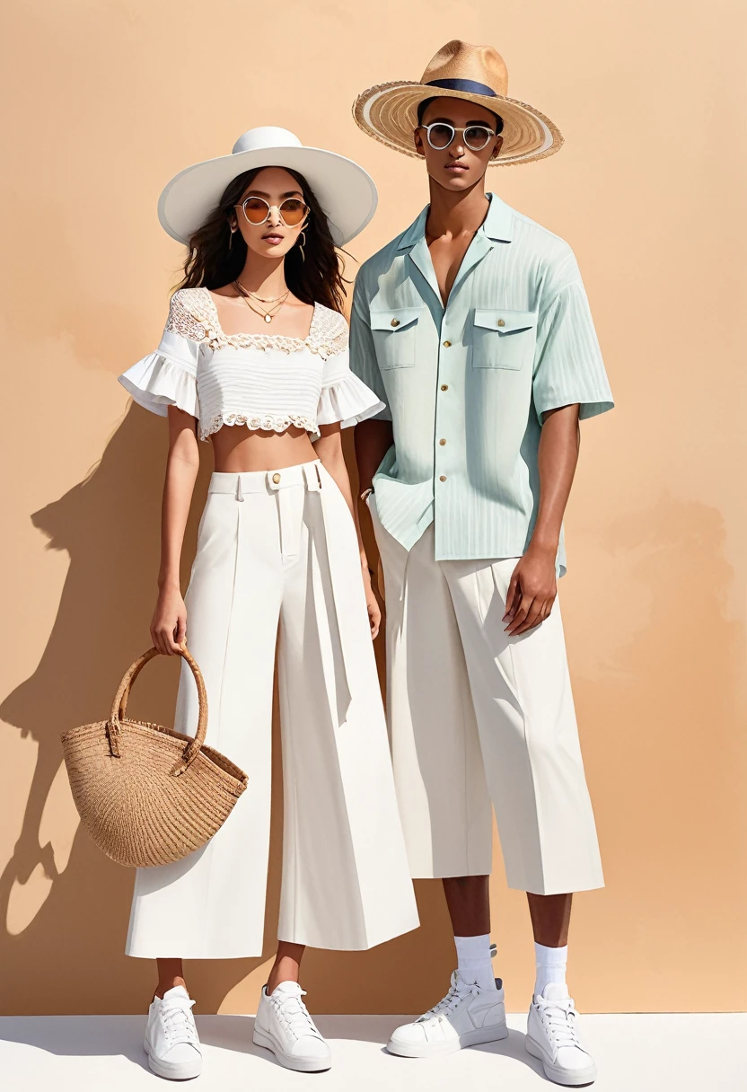 candid fashion illustration of young Mixed race man and woman, both aged 25 year old, ((showcase fashion look book in mixed pale Earth-tone outfits)), inspired by Jacquemus's resort collection 2022, in elegant young chic nautica style. The man wears an oversized short-sleeved stripe shirt lace details, paired with relaxed-fit white Wide Leg short pants, comfortable and a classic silhouette. He completes his look with white sneakers and round glasses. The woman complements him in a white mini sun-dress, in cotton woven fabric frill-trimmed neckline with minimal lace detail, Her ensemble includes an accessorizes with a brimmed straw hat, white sneakers, Captured in a dynamic angle, ((full-body image)), ((imperfect pale water color background)), sketching, realistic drawing, imperfect water color drawing, fashion look book, fashion illustrator, sketch design, Chic Boho, water color palette, wooden, BACKSTAGE text sign at the paper corner,