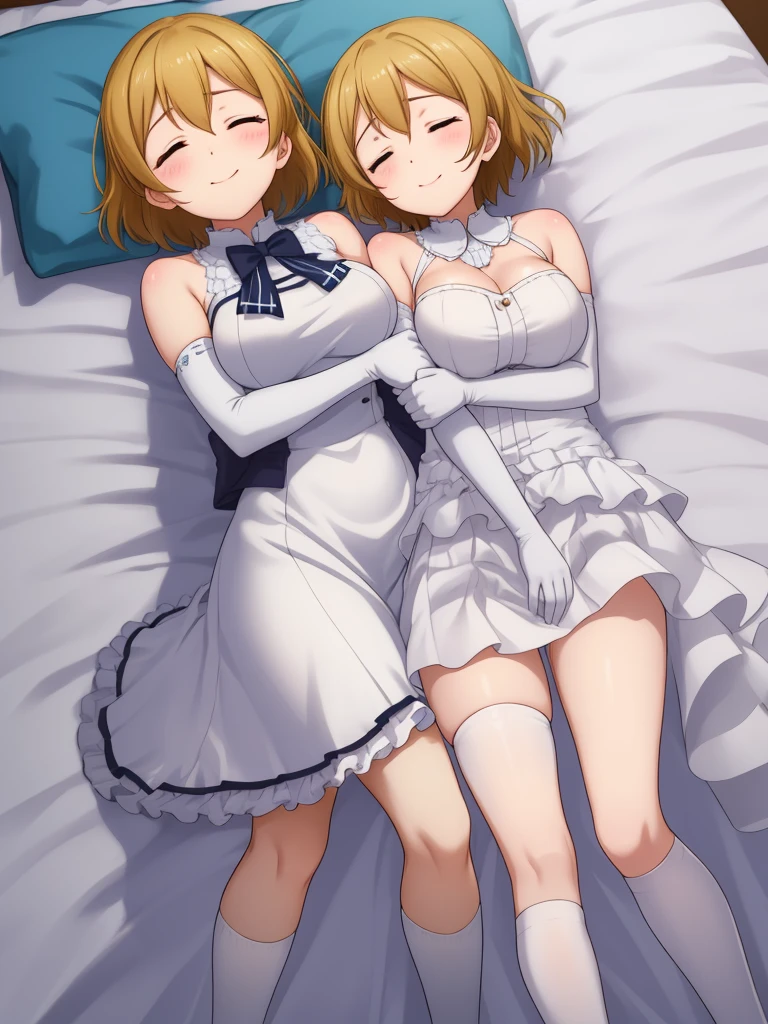 koizumi hanayo,White Mini Dress,  Knee socks, Elbow Gloves、From above, On the bed, Sleep,Sleeping on your back, smile,blush,Big Breasts, chic , Curved body、Hands on crotch