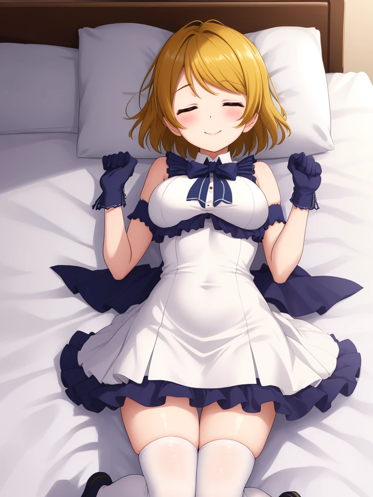 koizumi hanayo,White Mini Dress,  Knee socks, Elbow Gloves、From above, On the bed, Sleep,Sleeping on your back, smile,blush,Big Breasts, chic , Curved body、Hands on crotch