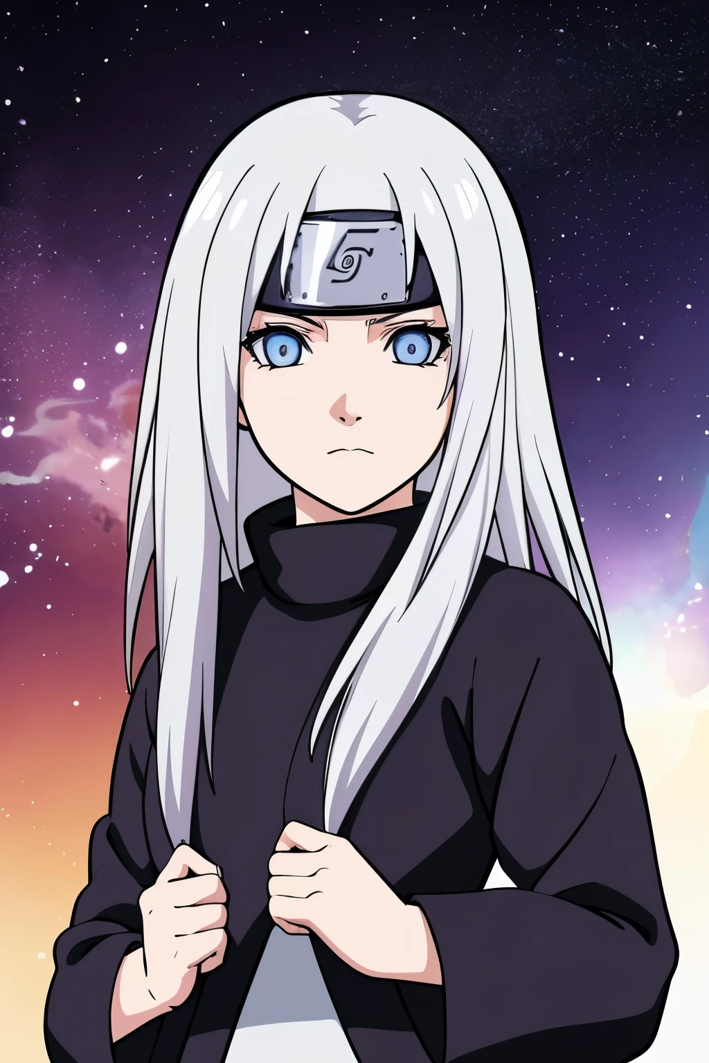 (high-quality, breathtaking),(expressive eyes, perfect face) portrait, Symmetrical Eyes, 1girl, solo, teenager age, short height, white hair, white coloured eyes, byakugan, anime naruto art style, long hair, fluffy hair, feminine face, sky background, moon, open field background, stars, trees, detailed eyes, hyuga, Ōtsutsuki, naruto ninja attire, neutral expression, soft smile, purple and black clothing, white trim, long sleeves, white dress, hair between eyes, bare shoulders, jacket
